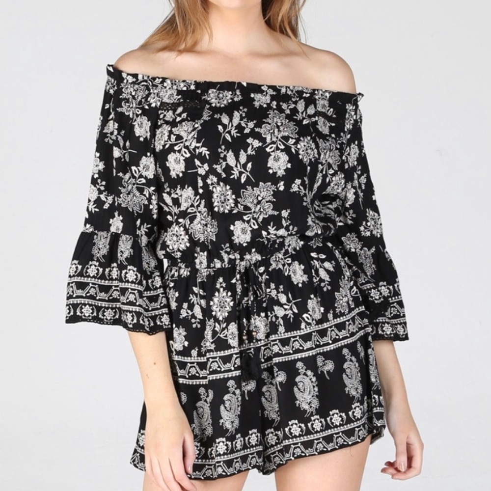 Boho Black & Ivory Bell Sleeve Romper - Angie - Size L